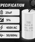 CBB60 Go-To Run Capacitor 25uF 450V AC for air compressor and water pump motor, shows specifications on side, polypropylene film
