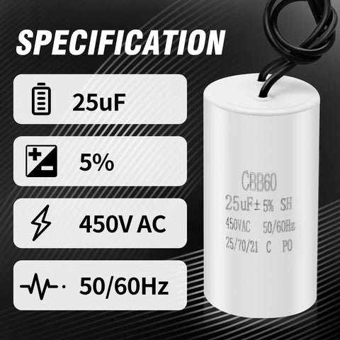 CBB60 Go-To Run Capacitor 25uF 450V AC for air compressor and water pump motor, shows specifications on side, polypropylene film