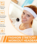 Woman wearing Eight Pack Headbands For Women And Men Non Slip Sweat Wicking Sports Hairbands Soft Elastic Running Headbands For Working Out Yoga Travel Absorb Sweat And Stay Comfy All Day