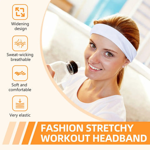 Woman wearing Eight Pack Headbands For Women And Men Non Slip Sweat Wicking Sports Hairbands Soft Elastic Running Headbands For Working Out Yoga Travel Absorb Sweat And Stay Comfy All Day