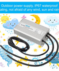 24V 800W IP67 Waterproof LED Driver Power Supply For Outdoor Lighting, Ultra Quiet And 91 Percent Efficient DC Output, 90 To 130V AC Input At 50 To 60Hz, Compact 9.25 Inch Long By 4.72 Inch Wide By 2.2 Inch High, silver aluminum housing with cables