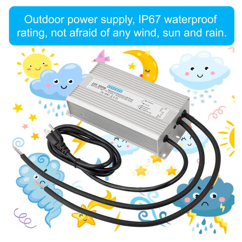 24V 800W IP67 Waterproof LED Driver Power Supply For Outdoor Lighting, Ultra Quiet And 91 Percent Efficient DC Output, 90 To 130V AC Input At 50 To 60Hz, Compact 9.25 Inch Long By 4.72 Inch Wide By 2.2 Inch High, silver aluminum housing with cables