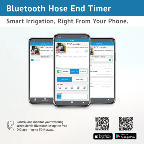Mobile screens displaying Bluetooth Hose End Timer with Smart Control for wireless irrigation automation.