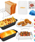 Dual Zone Air Fryer Accessories Must Have Set With 15 Pieces And 100 Liners, 2 Nonstick Cake Pans, 6 Cake Molds, Toast Rack shown