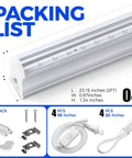 Packing list with UV LED Blacklight Bar 9W 2Ft T5 Integrated Fixture, 4-pack details and accessories.