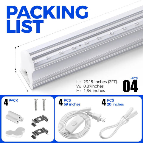 Packing list with UV LED Blacklight Bar 9W 2Ft T5 Integrated Fixture, 4-pack details and accessories.