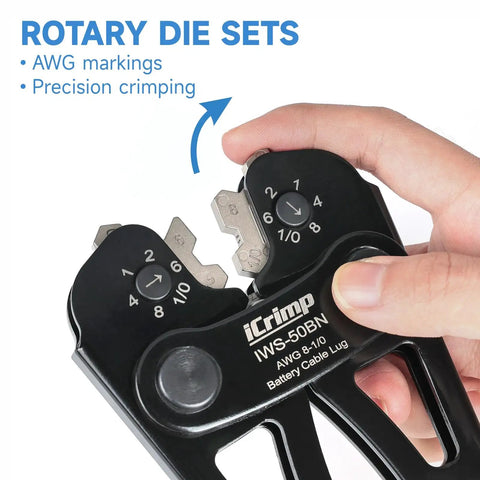 Close-up of hand using Pro Grade Battery Cable Terminal Crimping Tool Kit With Cutter And Wire Stripper All-In-One Crimper for rotary die sets