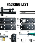 Hidden pivot door hinge kit packing list; black metal hardware with mounting plates and screws