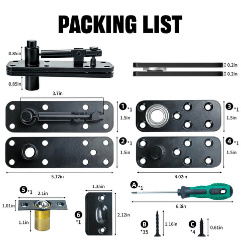 Hidden pivot door hinge kit packing list; black metal hardware with mounting plates and screws