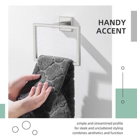 Simple Hand Towel Holder In Brushed Nickel Made From SUS 304 Stainless Steel Square Bathroom Towel Ring For Wall Mount 7.09 Inches With Modern Square Design And Durable Build Great For Hand Towels Face Towels Wash Cloths And More Everyday Must Have shown with dark towel draped over.