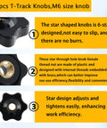 M6 Star Knob Through Hole Thumbwheel Panel Mount Clamping Handle 10 Pack Black Plastic With Brass Insert shown from different angles.