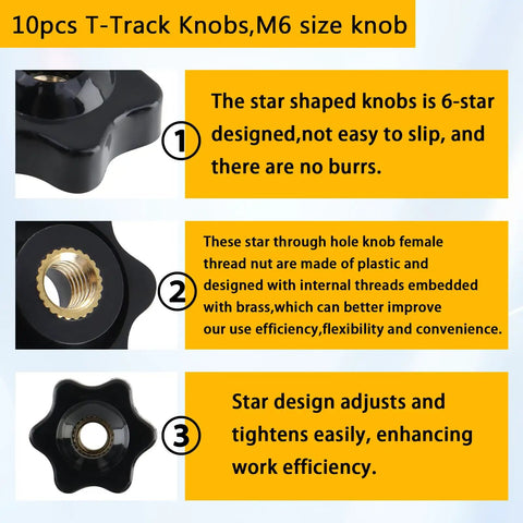M6 Star Knob Through Hole Thumbwheel Panel Mount Clamping Handle 10 Pack Black Plastic With Brass Insert shown from different angles.