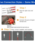 Speaker Wire Connector Kit with 30 Insulated Spade Terminals for 18AWG Cable, steps on connection process and terminal sizes.