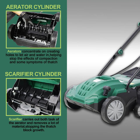 Two In One Electric Dethatcher And Scarifier For Lawns 13 Inch Walk Behind Dethatcher with images of aerator and scarifier cylinders