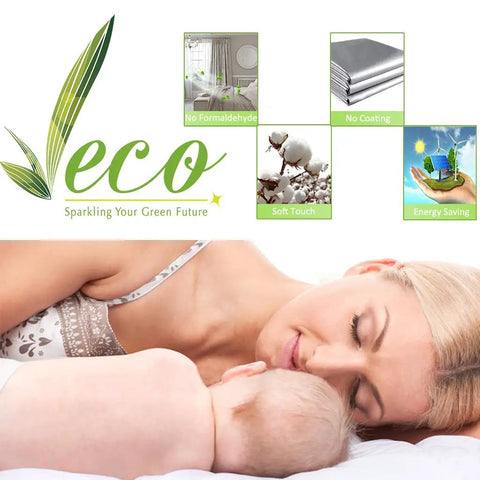 Eco-friendly bedding benefits, mother and baby sleeping, green eco label, no formaldehyde, soft touch, energy saving, no coating.