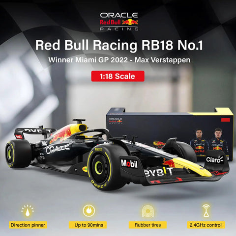 Licensed Red Bull F1 RB18 One Eighteen Scale Remote Control Car With Realistic Detail RC Vehicle displayed with packaging