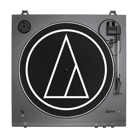 Audio-Technica at-LPGO-BT turntable, gun-metal/black, belt-drive, top-view.