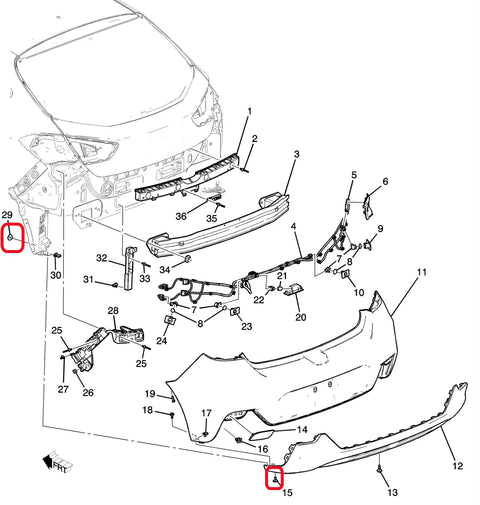 Exploded view diagram of car bumper assembly with labeled parts, showing 20 Piece Fender Liner Splash Shield Bolt Set For GM Cars Including Chevrolet Camaro Colorado Cruze Equinox Malibu Traverse Impala Cadillac ATS CT6 CTS XT5 XTS Rexka Pro Grade Rocker Molding Wheelhouse Bumper Cover Bolts And Lower Bolt Hardware position.