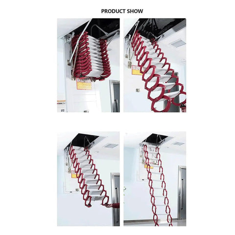 Heavy Duty Carbon Steel Attic Ladder Featuring Textured Grip Steps And Solid Telescopic Fold Mechanism For A Smooth Game Changer Home Basement Or Loft Setup in retractable position.