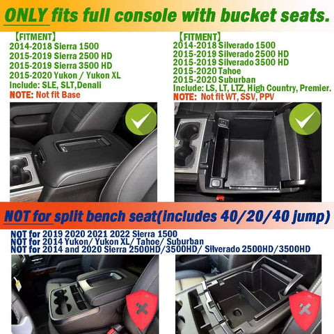 Diagram showing fitment of Center Console Organizer Tray For 2014-2018 Silverado 1500, 2015-2019 Sierra, 2015-2020 Tahoe with bucket seats