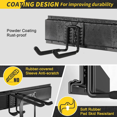 Close-up of 64 Inch Garage Storage Wall Mount Tool Organizer with 620Lb Load Capacity, showing metal hooks and coating design.