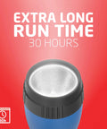 Close-up of flashlight top with text highlighting 30-hour runtime, Eight Pack LED Flashlights With Batteries Included Long Runtime Up To 30 Hours Handheld Emergency Lights For Camping Car Power Outages General Use