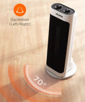 Powerful 1500W Ceramic Space Heater With Wide Oscillation, 17.7 Inch Tall, White unit showing 70° oscillation on floor