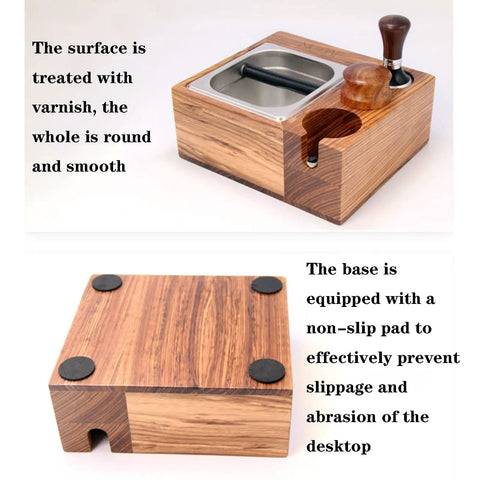 Premium Wood Coffee Tamping Station With Integrated Knock Box And Non Slip Tamper Pad For 58Mm Portafilter, smooth varnished wood design.