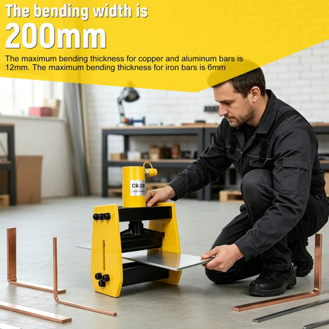 Handheld Hydraulic Busbar Bender Machine With Angle Indicator 20 Ton Press For Copper Aluminum Iron Metalworking Sheet Forming Wear Resistant Industrial Grade Tool in use, bending metal sheet.