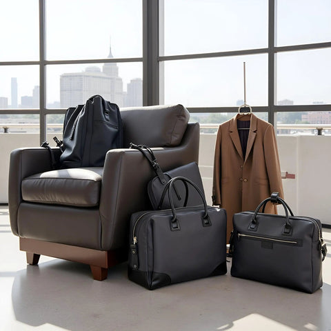 Black leather bags on a chair next to a coat. 12 Piece Black Zip Puller Repair Kit Instant Zipper Set Replacement Pack For Coats Jackets Luggage