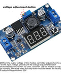 Adjustable DC-DC Buck Converter Power Module With Digital Voltmeter Display, 4V-40V to 1.25V-37V, blue circuit board with display.