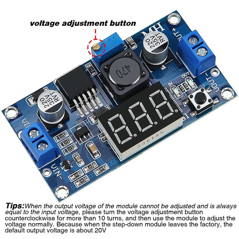 Adjustable DC-DC Buck Converter Power Module With Digital Voltmeter Display, 4V-40V to 1.25V-37V, blue circuit board with display.