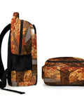 Side and top view of Autumn Red Maple Log Cabin Print Unisex Backpack with large capacity, durable polyester, breathable comfort.
