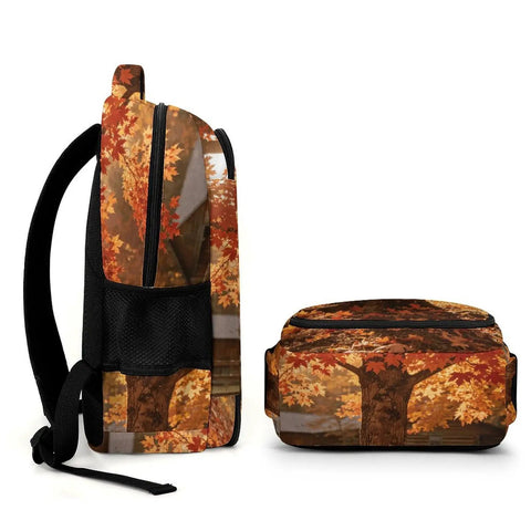 Side and top view of Autumn Red Maple Log Cabin Print Unisex Backpack with large capacity, durable polyester, breathable comfort.