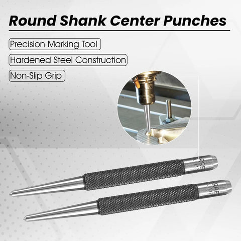 Ready For Some Badass DIY 5 Piece Center Punch Set Hardened Steel Knurled Grip Kit Tapered Points, two round shank center punches.