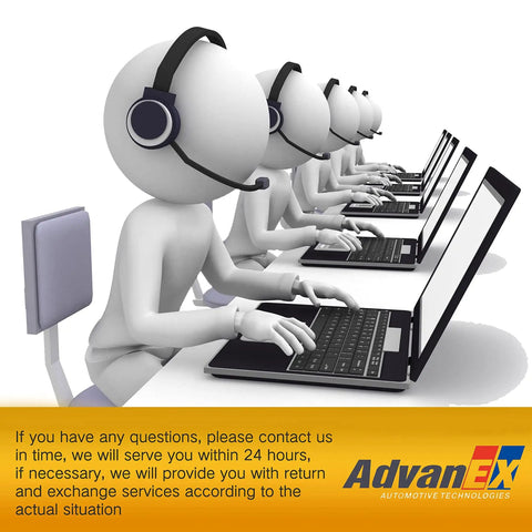 3D figures with headsets working on laptops, Advanex logo, customer service concept