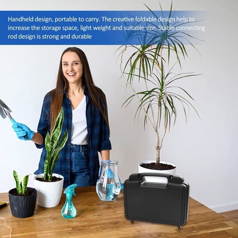 Hardcore Plastic Toolbox With Smooth Detachable Tray Tool Organizer Packs All Your Metal Fasteners And Construction Parts Away Neatly Strong Grip Hauls It To Any Job Site next to a woman with gardening tools.