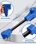 Beefy Heavy Duty NEMA 10-30P to NEMA 14-50R EV Charger Adapter With Handle, 12 Inch STW Cord, close-up on blue handle and cord