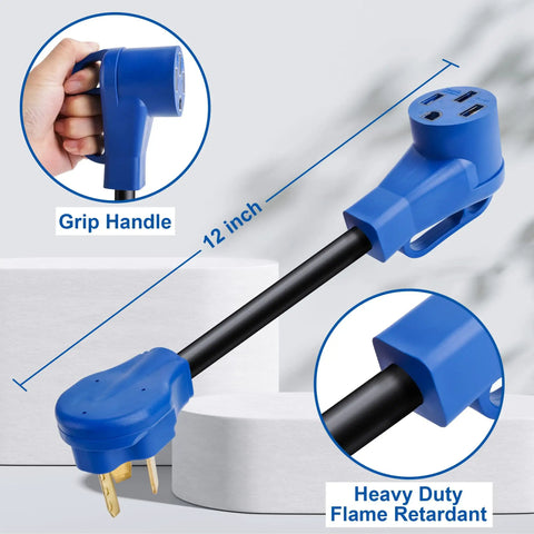 Beefy Heavy Duty NEMA 10-30P to NEMA 14-50R EV Charger Adapter With Handle, 12 Inch STW Cord, close-up on blue handle and cord
