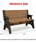 Two In One Outdoor Bench And Picnic Table Foldable And Weatherproof for patio lawn garden or deck, 34-inch height side view.