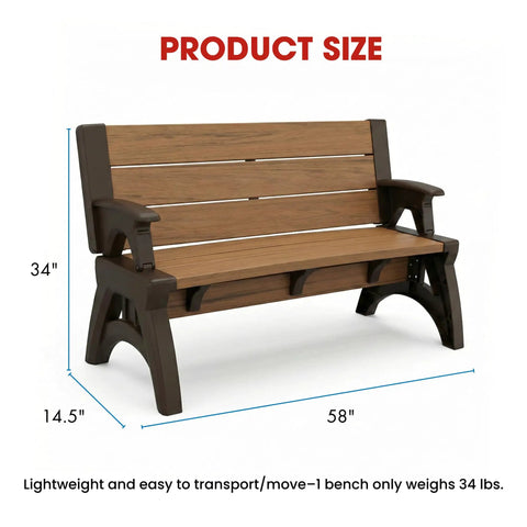 Two In One Outdoor Bench And Picnic Table Foldable And Weatherproof for patio lawn garden or deck, 34-inch height side view.