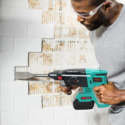 User using 18V SDS Plus Brushless Cordless Rotary Hammer Drill With 3 Modes For Concrete And Stone Hammering Chiseling And Drilling High Torque