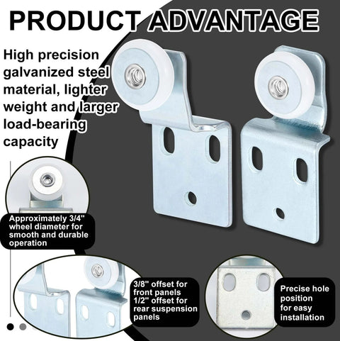Sixteen Pack Sliding Closet Door Roller Kit With Screws For Top Hung Bypass Wardrobe Doors Includes One Half Inch And Three Eighths Inch Offset Rollers Hardware And Installation Screws For Quick Easy Fitting; close-up showing high precision galvanized steel rollers and installation holes.
