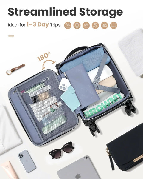 Open 16-inch Sydioor softside underseat carry-on luggage with wheels, black exterior, mesh pocket organizer.