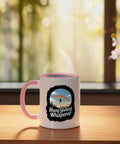Hang Glider Whisperer Ceramic Mug with Bold Sky Art in Pink and White on wooden table with outdoor window view.