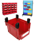 Mount These Red Heavy Duty Stackable Wall Storage Bins For Garage Organizer Plastic Tool Caddies Built Super Durable For Shop Warehouse And Home Organization Flex. Image shows red bin with stacking clips.