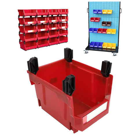 Mount These Red Heavy Duty Stackable Wall Storage Bins For Garage Organizer Plastic Tool Caddies Built Super Durable For Shop Warehouse And Home Organization Flex. Image shows red bin with stacking clips.