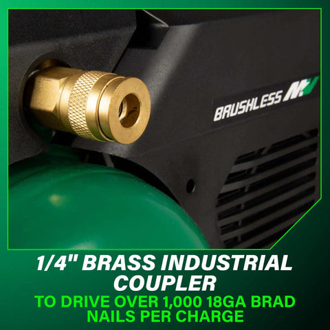 Close-up of 1/4" brass coupler on 36V MultiVolt 2 Gallon Cordless Air Compressor On The Go Power For Pneumatic Finish Nailers And Tire Inflation Tool Body Only No Battery Included EC36DAQ4