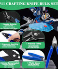 Must Have 17 Piece Hobby Model Tool Kit With Flush Pliers Mini File Craft Knife With Replacement Blades Tweezers Sanding Strips Needle File Polishing Cloth Ruler Model Separator And Screwdrivers For Gundam And Miniature Building, featuring crafting knife bulk set with blue handles and durable materials.
