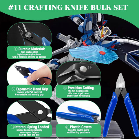Must Have 17 Piece Hobby Model Tool Kit With Flush Pliers Mini File Craft Knife With Replacement Blades Tweezers Sanding Strips Needle File Polishing Cloth Ruler Model Separator And Screwdrivers For Gundam And Miniature Building, featuring crafting knife bulk set with blue handles and durable materials.